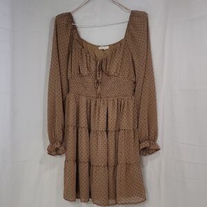 Brown Midi Dress with Smocked Bodice and Bishop Sleeves